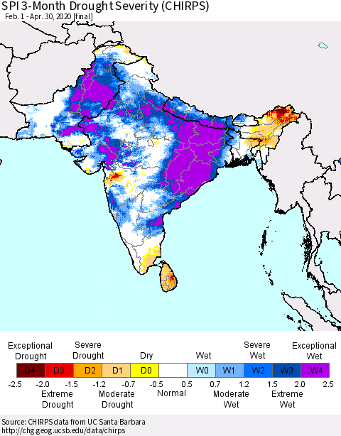 Southern Asia SPI 3-Month Drought Severity (CHIRPS) Thematic Map For 2/1/2020 - 4/30/2020