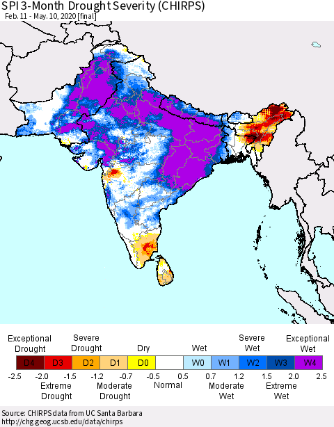 Southern Asia SPI 3-Month Drought Severity (CHIRPS) Thematic Map For 2/11/2020 - 5/10/2020