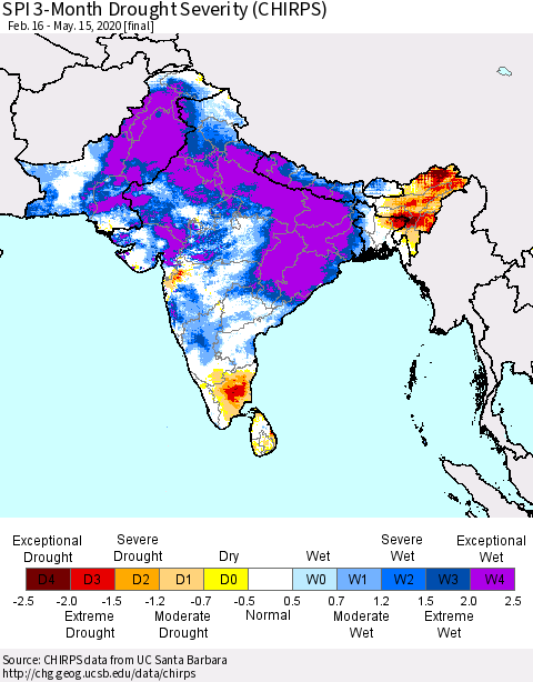 Southern Asia SPI 3-Month Drought Severity (CHIRPS) Thematic Map For 2/16/2020 - 5/15/2020
