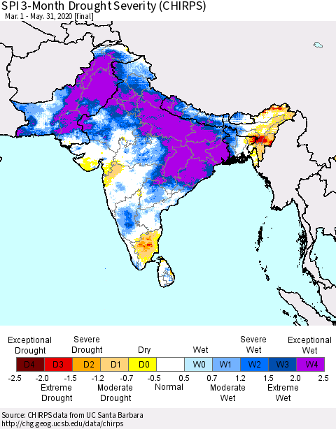 Southern Asia SPI 3-Month Drought Severity (CHIRPS) Thematic Map For 3/1/2020 - 5/31/2020