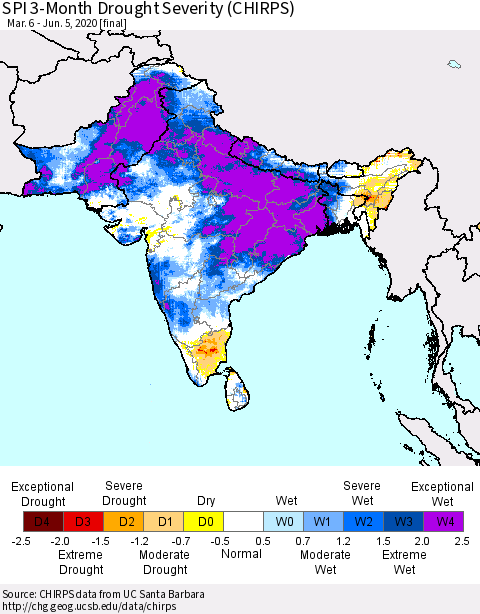 Southern Asia SPI 3-Month Drought Severity (CHIRPS) Thematic Map For 3/6/2020 - 6/5/2020