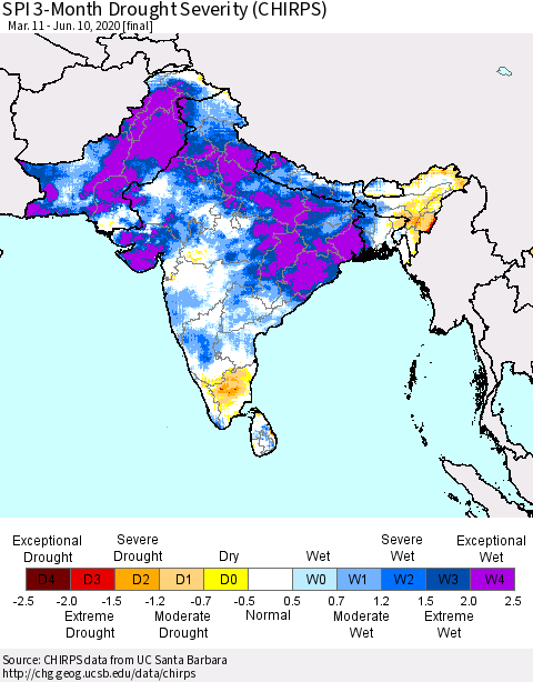 Southern Asia SPI 3-Month Drought Severity (CHIRPS) Thematic Map For 3/11/2020 - 6/10/2020