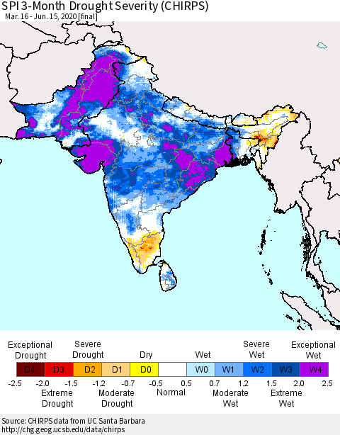 Southern Asia SPI 3-Month Drought Severity (CHIRPS) Thematic Map For 3/16/2020 - 6/15/2020
