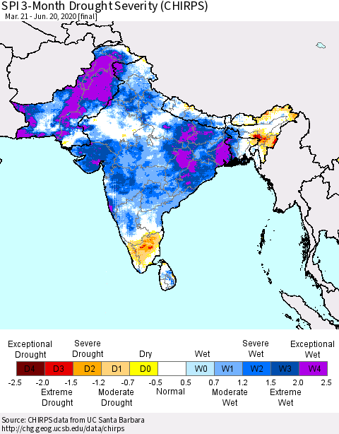 Southern Asia SPI 3-Month Drought Severity (CHIRPS) Thematic Map For 3/21/2020 - 6/20/2020