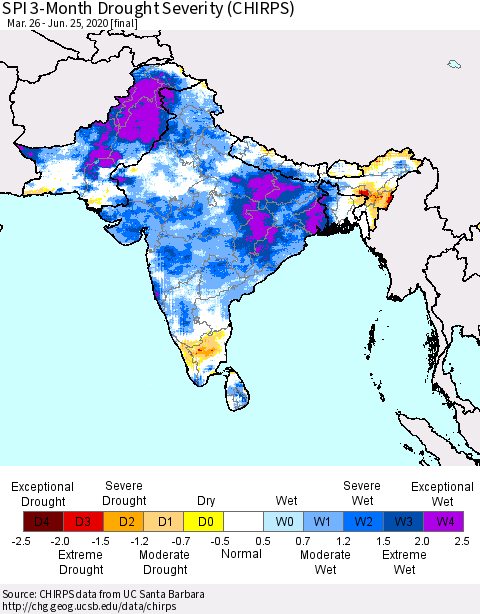 Southern Asia SPI 3-Month Drought Severity (CHIRPS) Thematic Map For 3/26/2020 - 6/25/2020