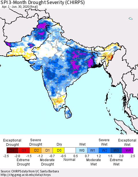 Southern Asia SPI 3-Month Drought Severity (CHIRPS) Thematic Map For 4/1/2020 - 6/30/2020
