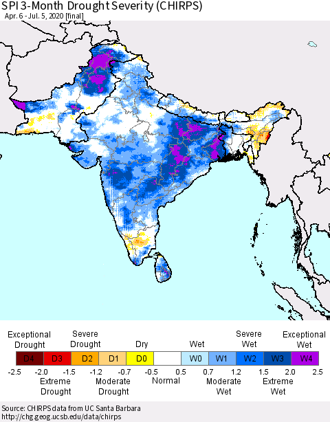 Southern Asia SPI 3-Month Drought Severity (CHIRPS) Thematic Map For 4/6/2020 - 7/5/2020