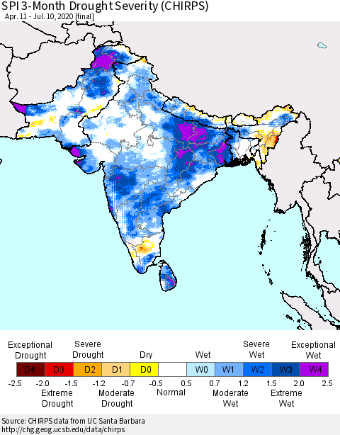 Southern Asia SPI 3-Month Drought Severity (CHIRPS) Thematic Map For 4/11/2020 - 7/10/2020