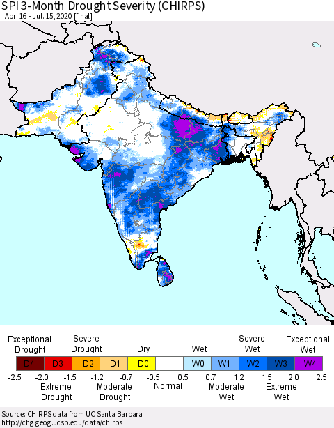 Southern Asia SPI 3-Month Drought Severity (CHIRPS) Thematic Map For 4/16/2020 - 7/15/2020