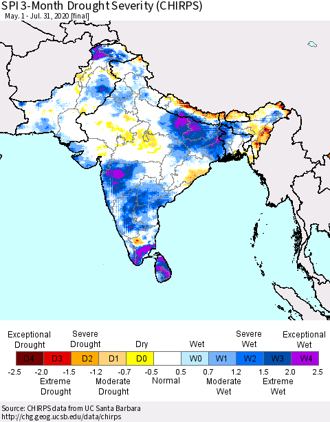 Southern Asia SPI 3-Month Drought Severity (CHIRPS) Thematic Map For 5/1/2020 - 7/31/2020