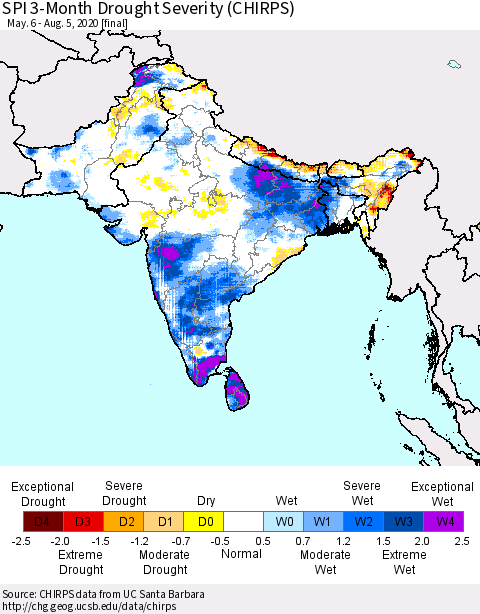 Southern Asia SPI 3-Month Drought Severity (CHIRPS) Thematic Map For 5/6/2020 - 8/5/2020