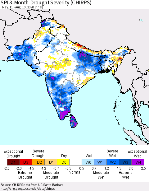 Southern Asia SPI 3-Month Drought Severity (CHIRPS) Thematic Map For 5/11/2020 - 8/10/2020