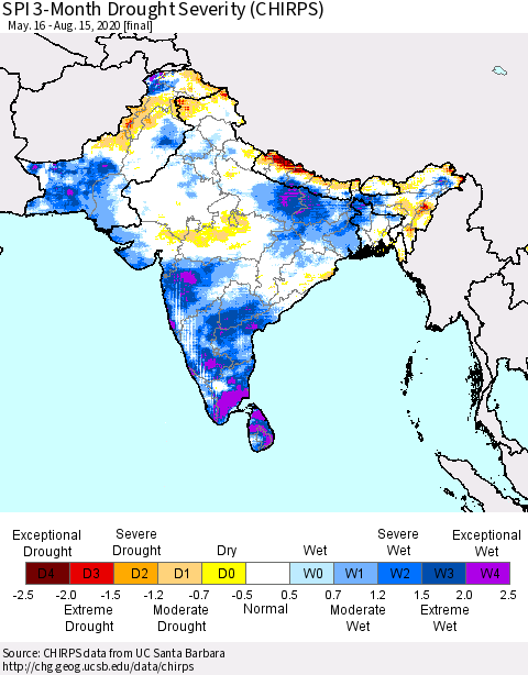 Southern Asia SPI 3-Month Drought Severity (CHIRPS) Thematic Map For 5/16/2020 - 8/15/2020
