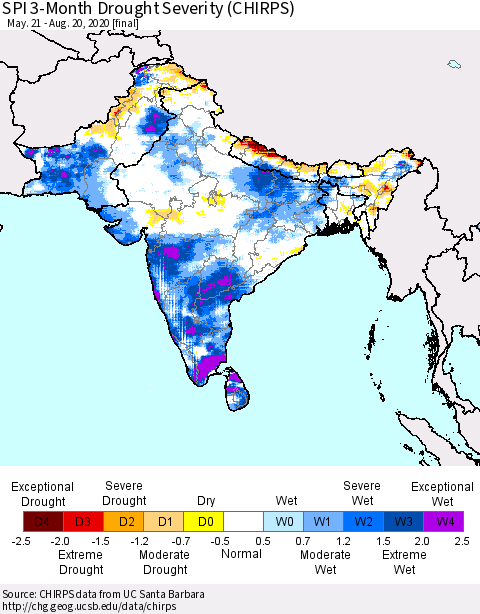 Southern Asia SPI 3-Month Drought Severity (CHIRPS) Thematic Map For 5/21/2020 - 8/20/2020