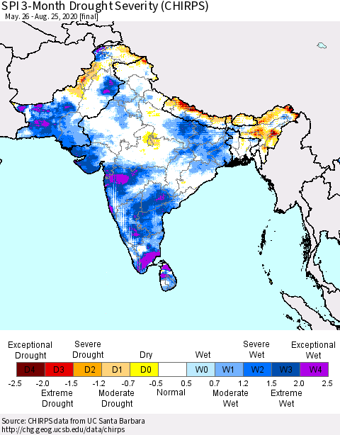 Southern Asia SPI 3-Month Drought Severity (CHIRPS) Thematic Map For 5/26/2020 - 8/25/2020