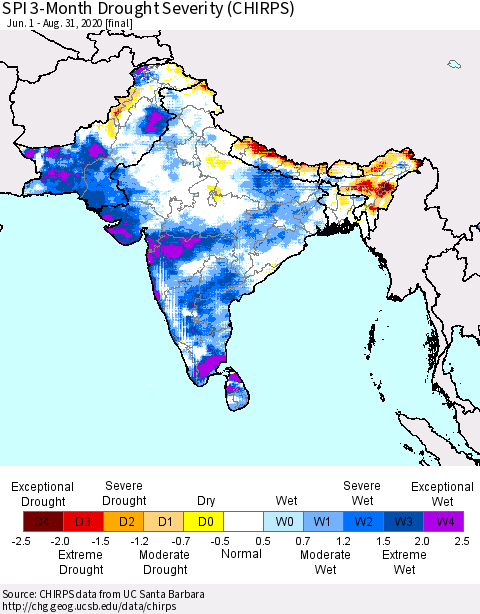 Southern Asia SPI 3-Month Drought Severity (CHIRPS) Thematic Map For 6/1/2020 - 8/31/2020