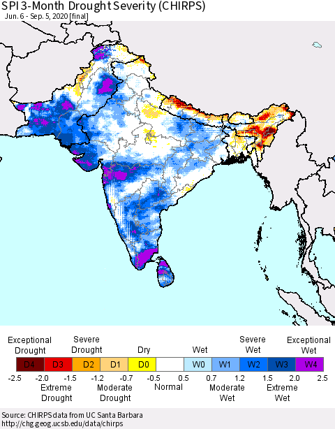 Southern Asia SPI 3-Month Drought Severity (CHIRPS) Thematic Map For 6/6/2020 - 9/5/2020