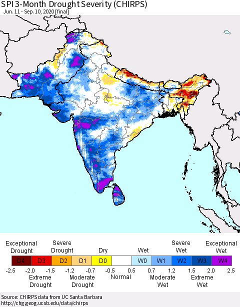 Southern Asia SPI 3-Month Drought Severity (CHIRPS) Thematic Map For 6/11/2020 - 9/10/2020