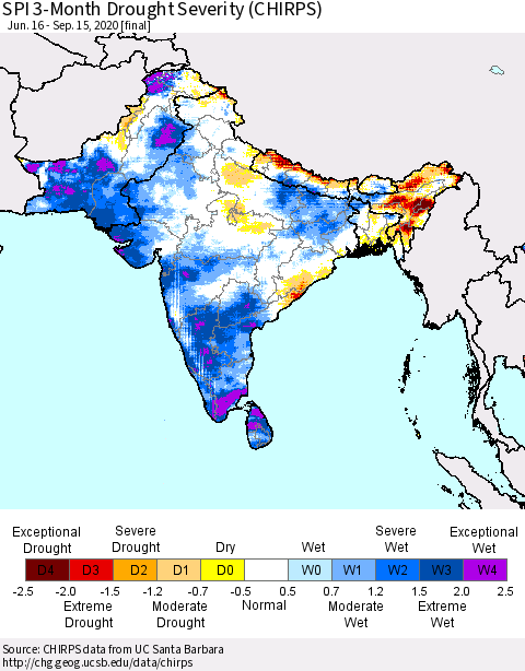 Southern Asia SPI 3-Month Drought Severity (CHIRPS) Thematic Map For 6/16/2020 - 9/15/2020
