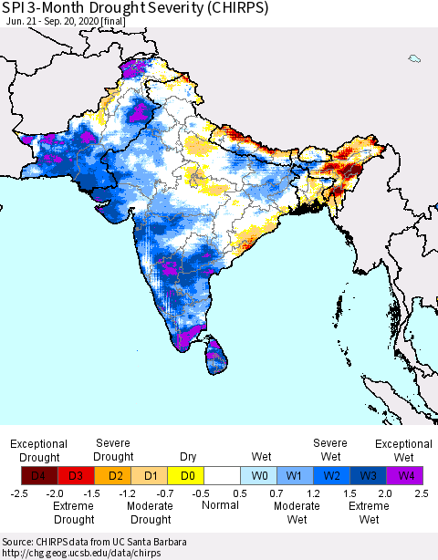 Southern Asia SPI 3-Month Drought Severity (CHIRPS) Thematic Map For 6/21/2020 - 9/20/2020