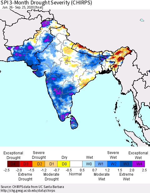 Southern Asia SPI 3-Month Drought Severity (CHIRPS) Thematic Map For 6/26/2020 - 9/25/2020