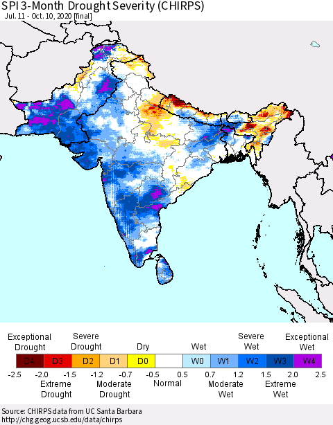 Southern Asia SPI 3-Month Drought Severity (CHIRPS) Thematic Map For 7/11/2020 - 10/10/2020