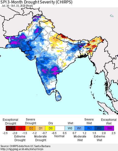 Southern Asia SPI 3-Month Drought Severity (CHIRPS) Thematic Map For 7/16/2020 - 10/15/2020