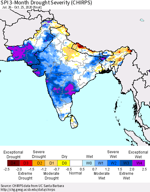 Southern Asia SPI 3-Month Drought Severity (CHIRPS) Thematic Map For 7/26/2020 - 10/25/2020