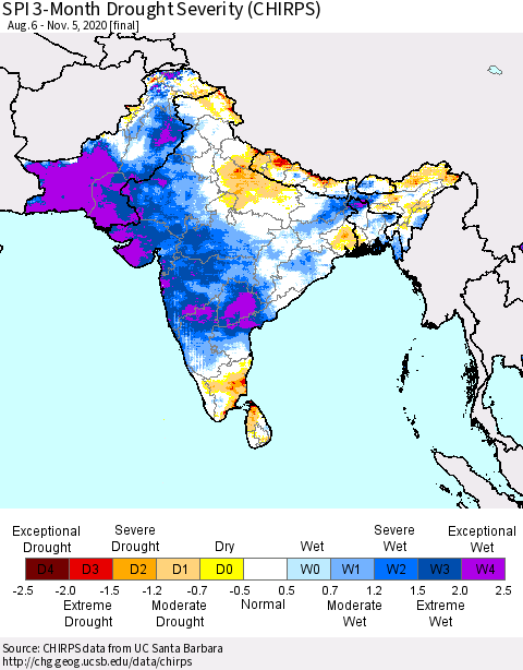 Southern Asia SPI 3-Month Drought Severity (CHIRPS) Thematic Map For 8/6/2020 - 11/5/2020