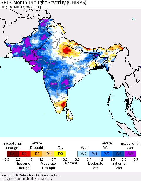 Southern Asia SPI 3-Month Drought Severity (CHIRPS) Thematic Map For 8/16/2020 - 11/15/2020