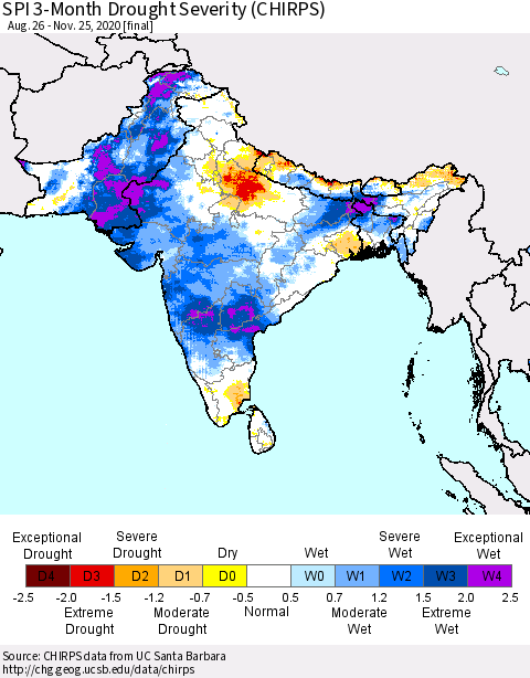 Southern Asia SPI 3-Month Drought Severity (CHIRPS) Thematic Map For 8/26/2020 - 11/25/2020