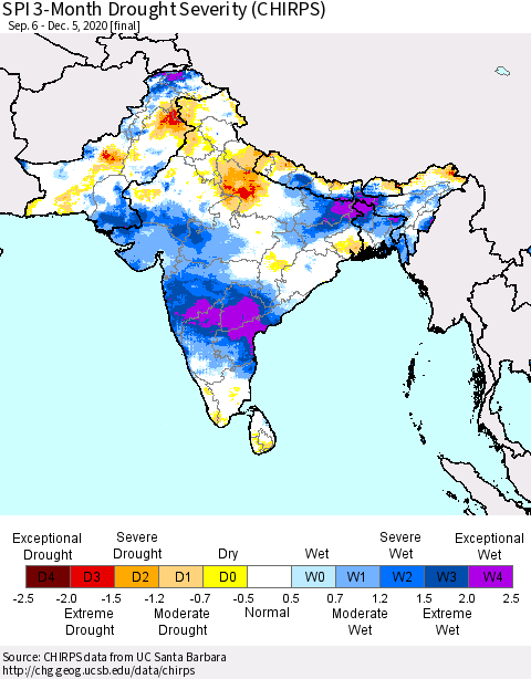 Southern Asia SPI 3-Month Drought Severity (CHIRPS) Thematic Map For 9/6/2020 - 12/5/2020