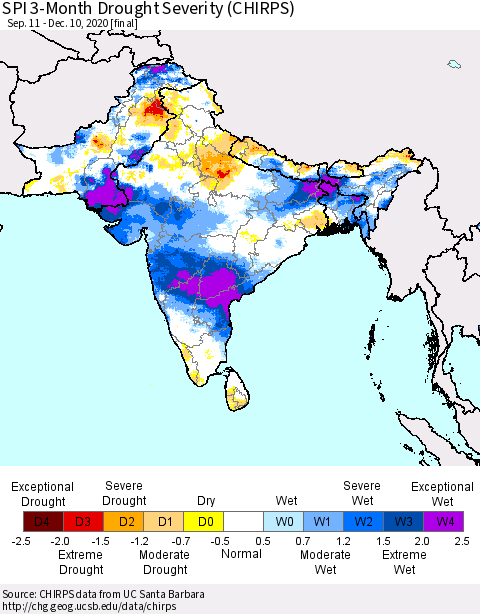 Southern Asia SPI 3-Month Drought Severity (CHIRPS) Thematic Map For 9/11/2020 - 12/10/2020