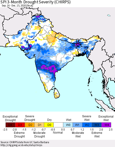 Southern Asia SPI 3-Month Drought Severity (CHIRPS) Thematic Map For 9/16/2020 - 12/15/2020
