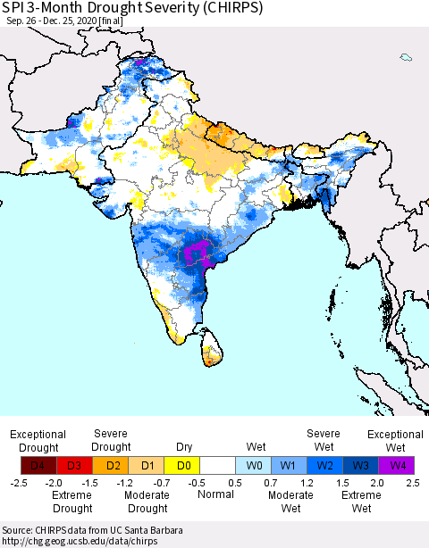 Southern Asia SPI 3-Month Drought Severity (CHIRPS) Thematic Map For 9/26/2020 - 12/25/2020