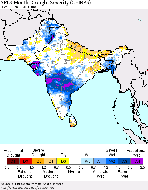 Southern Asia SPI 3-Month Drought Severity (CHIRPS) Thematic Map For 10/6/2020 - 1/5/2021