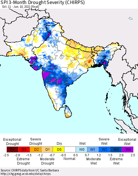Southern Asia SPI 3-Month Drought Severity (CHIRPS) Thematic Map For 10/11/2020 - 1/10/2021