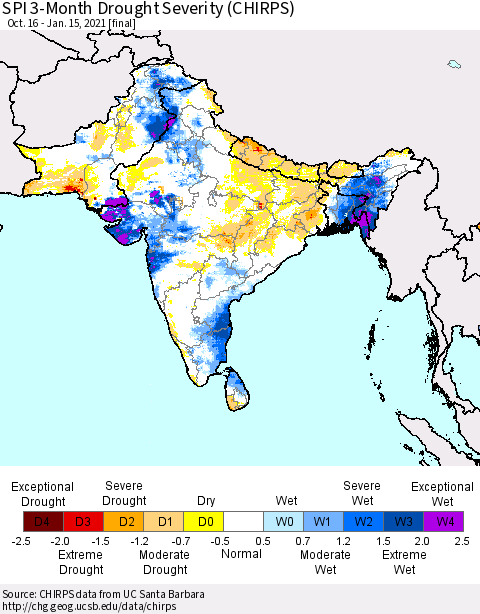 Southern Asia SPI 3-Month Drought Severity (CHIRPS) Thematic Map For 10/16/2020 - 1/15/2021