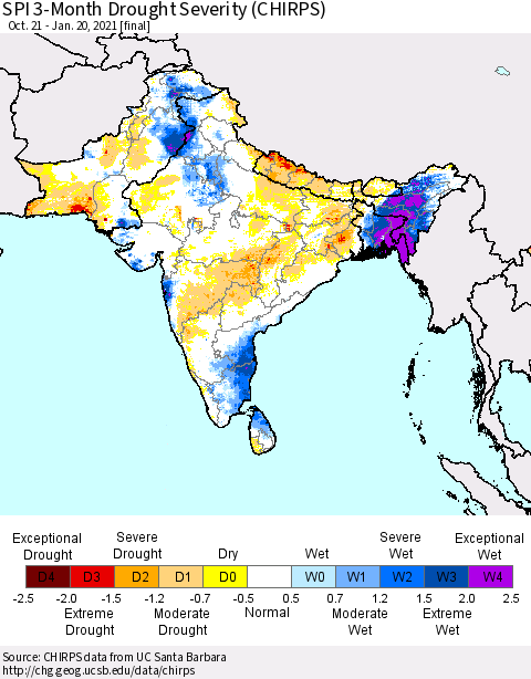 Southern Asia SPI 3-Month Drought Severity (CHIRPS) Thematic Map For 10/21/2020 - 1/20/2021