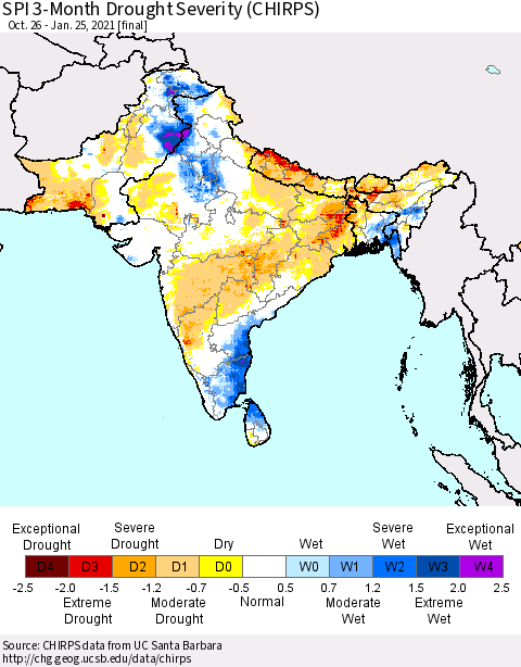 Southern Asia SPI 3-Month Drought Severity (CHIRPS) Thematic Map For 10/26/2020 - 1/25/2021