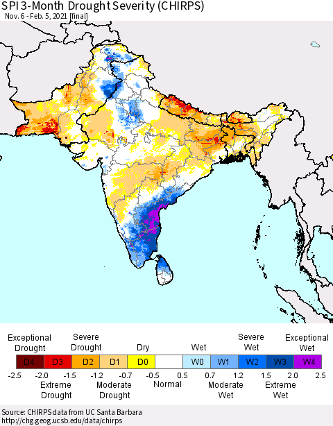 Southern Asia SPI 3-Month Drought Severity (CHIRPS) Thematic Map For 11/6/2020 - 2/5/2021