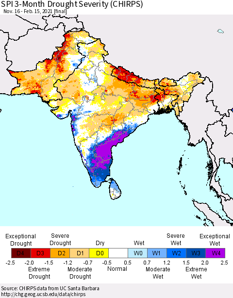 Southern Asia SPI 3-Month Drought Severity (CHIRPS) Thematic Map For 11/16/2020 - 2/15/2021