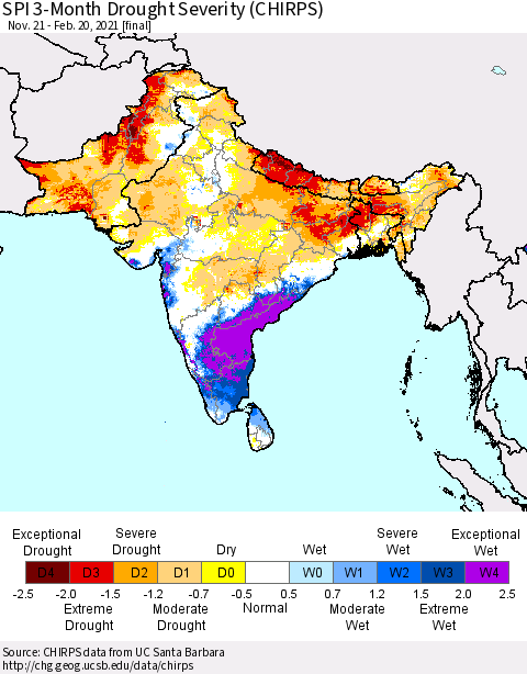 Southern Asia SPI 3-Month Drought Severity (CHIRPS) Thematic Map For 11/21/2020 - 2/20/2021