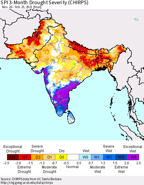 Southern Asia SPI 3-Month Drought Severity (CHIRPS) Thematic Map For 11/26/2020 - 2/25/2021