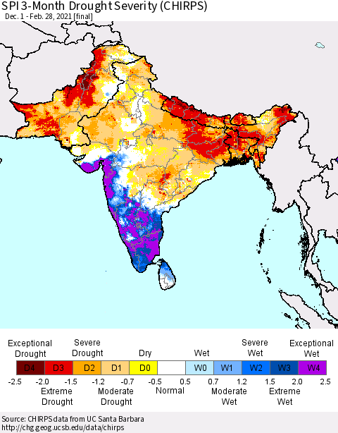 Southern Asia SPI 3-Month Drought Severity (CHIRPS) Thematic Map For 12/1/2020 - 2/28/2021