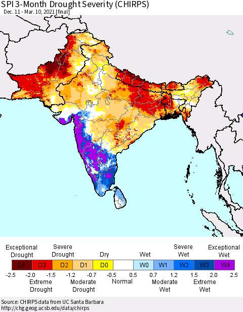 Southern Asia SPI 3-Month Drought Severity (CHIRPS) Thematic Map For 12/11/2020 - 3/10/2021