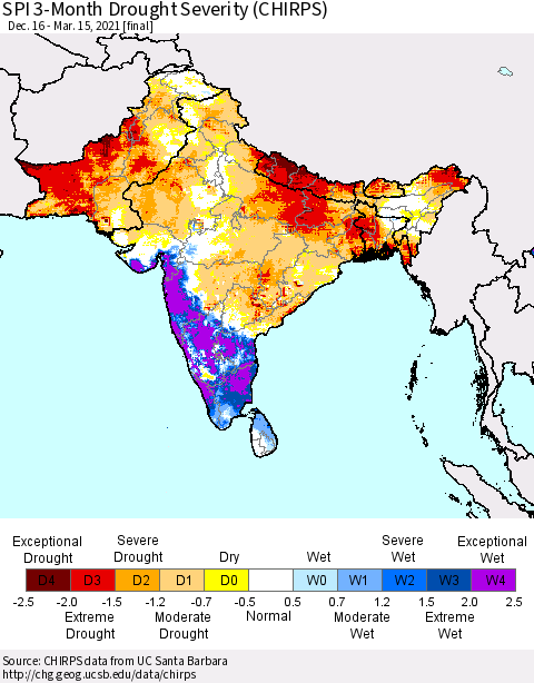 Southern Asia SPI 3-Month Drought Severity (CHIRPS) Thematic Map For 12/16/2020 - 3/15/2021