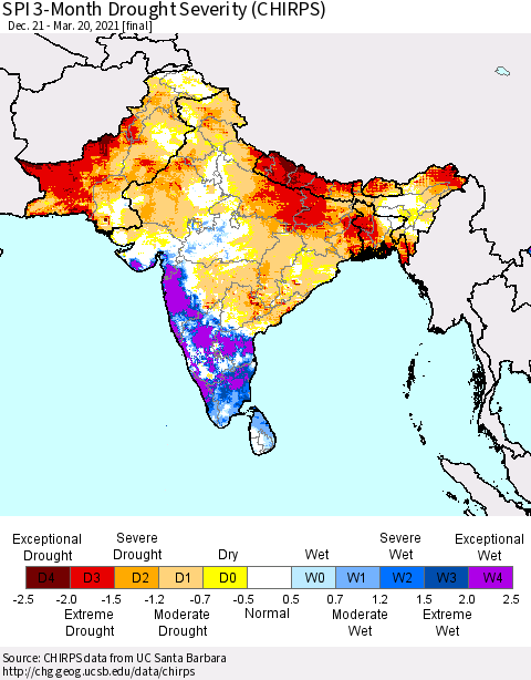 Southern Asia SPI 3-Month Drought Severity (CHIRPS) Thematic Map For 12/21/2020 - 3/20/2021