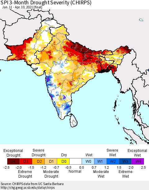 Southern Asia SPI 3-Month Drought Severity (CHIRPS) Thematic Map For 1/11/2021 - 4/10/2021