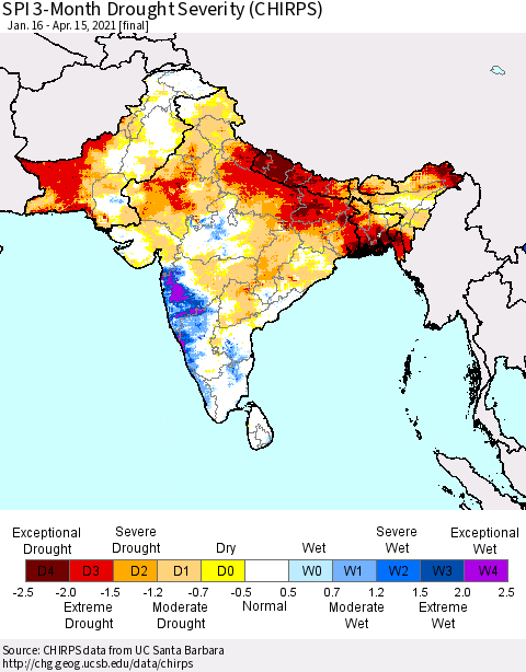 Southern Asia SPI 3-Month Drought Severity (CHIRPS) Thematic Map For 1/16/2021 - 4/15/2021